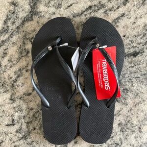 Havaianas Black Slim Flip Flops with Crystal Detail Size 11-12